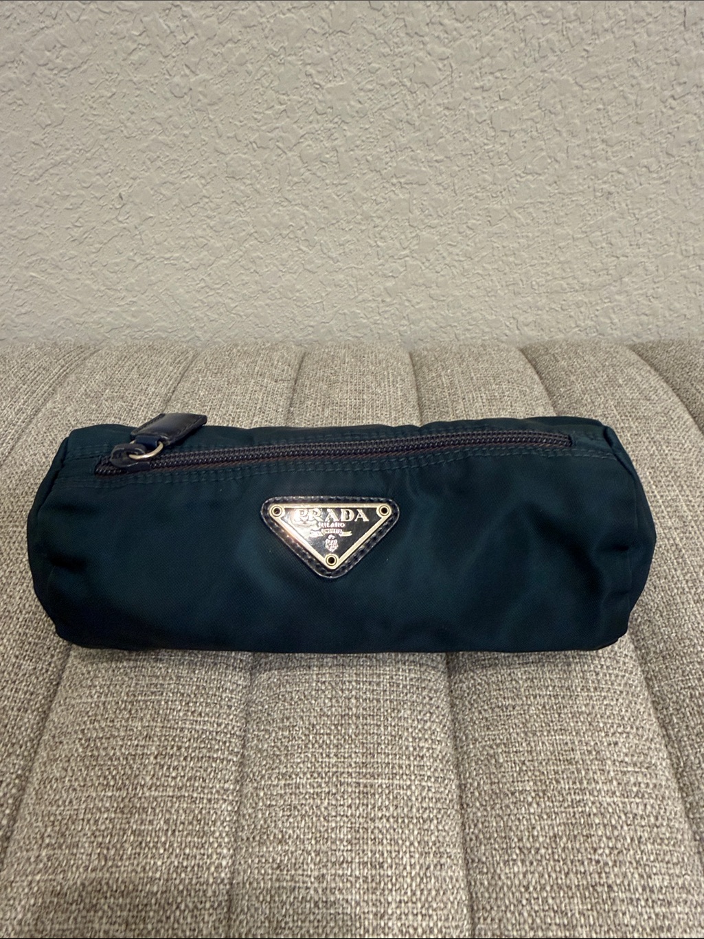 Prada Dark Green Nylon Cylinder Toiletry Pouch